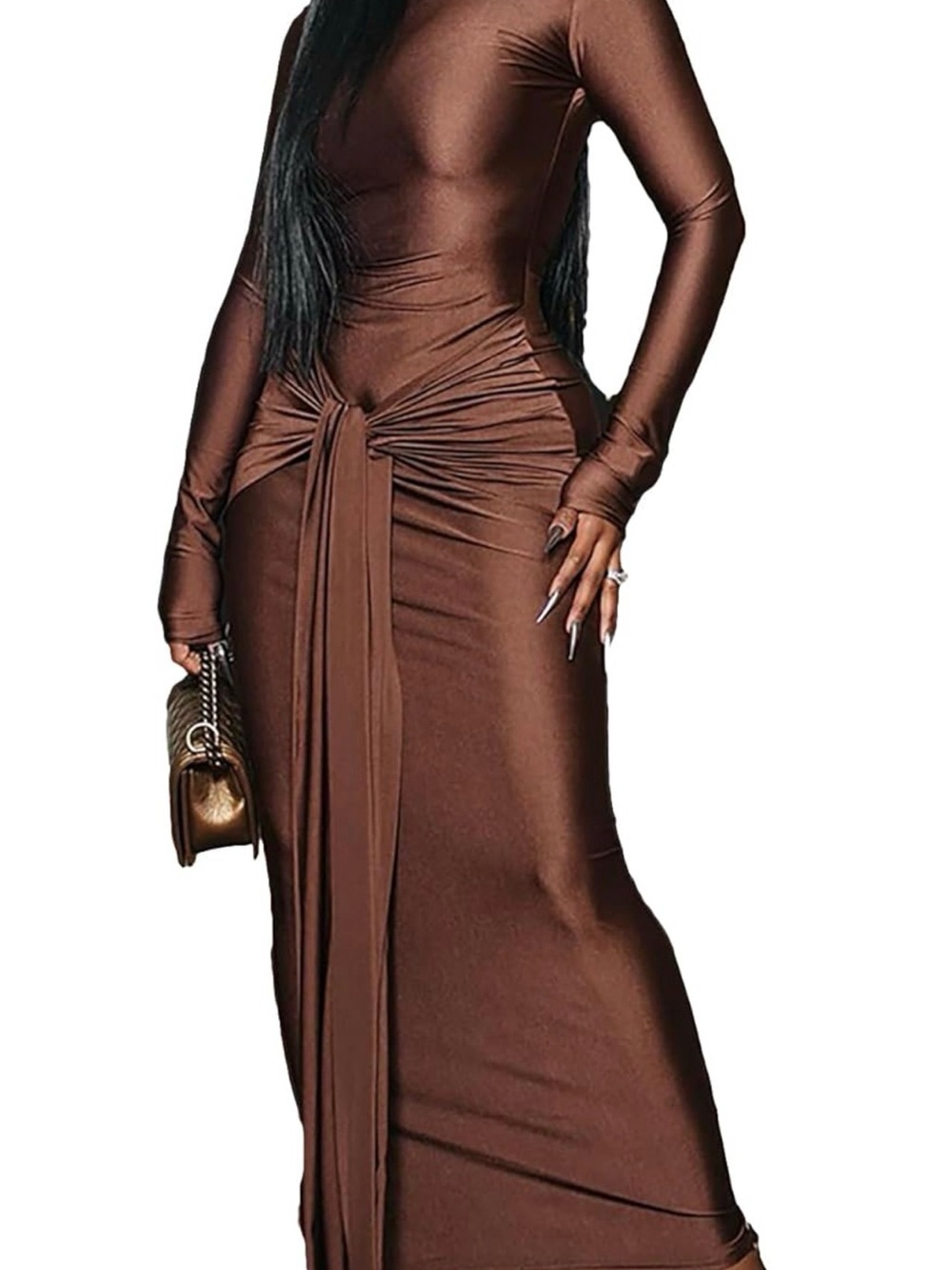 Amazon Brown Long Sleeve Tie-Front Maxi Dress